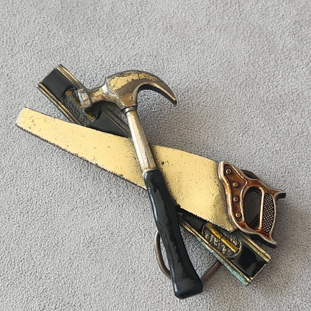 Vintage 80s Great American Buckle belt men's Hammer Saw Level Carpenter Made USA